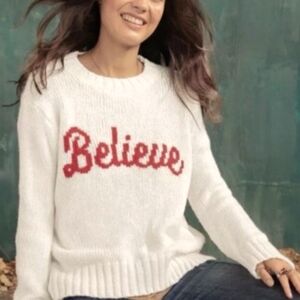 Wooden Ships White Sweater with Red 'Believe'